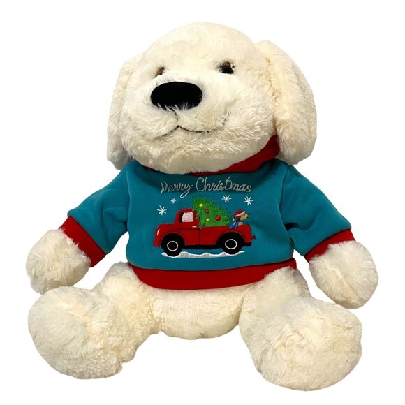 Holiday Time Merry Christmas White Plush Puppy Dog 14" Christmas Hoodie Whimsy - Picture 1 of 10